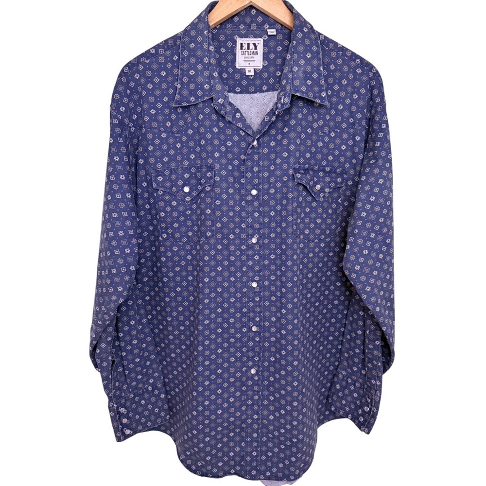 ELY Cattleman Geometric Long Sleeve Graphic Button-Up Men's 2XL Blue Cotton
